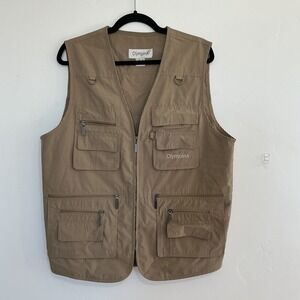 Olympia Mens Utility Vest Khaki Tan Multiple Pockets Zippered Cargo Workwear  M